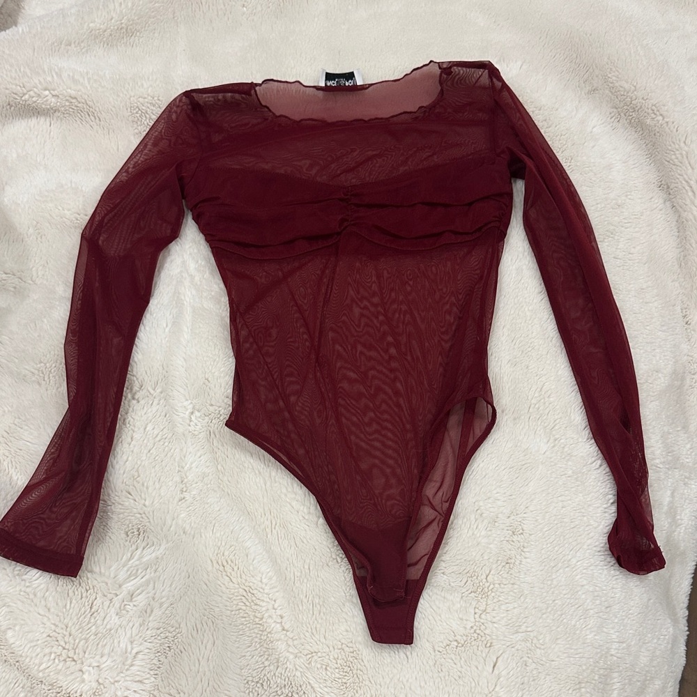 Sheer Long Sleeve Bodysuit - Burgundy